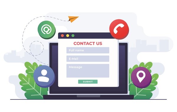 Illustration eines Kontaktformulars auf einem Laptop-Bildschirm mit Icons zum Standpunkt, Telefon, E-Mail und Chat.