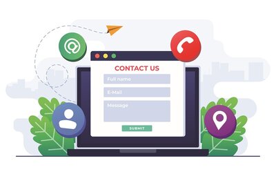 Illustration eines Kontaktformulars auf einem Laptop-Bildschirm mit Icons zum Standpunkt, Telefon, E-Mail und Chat.
