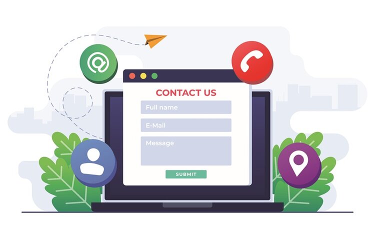 Illustration eines Kontaktformulars auf einem Laptop-Bildschirm mit Icons zum Standpunkt, Telefon, E-Mail und Chat.