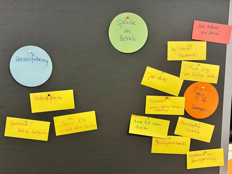 Auf einer dunklen Pinnwand sind verschiedenfarbige Notizzettel mit Stecknadeln befestigt. Links befindet sich ein blauer Zettel mit der Aufschrift 'Herausforderung', darunter mehrere gelbe und orangefarbene Zettel mit handschriftlichen Begriffen wie 'Prüfungssprache', 'Azubi - BSK', 'Sprachliche Hürden', 'Berufssprache'. In der Mitte oben ist ein grüner Zettel mit der Aufschrift 'Sprache im Betrieb' angebracht. Rechts sind weitere gelbe und orangefarbene Zettel angeordnet, die mit 'Tipps / Lösungen' überschrieben sind. Darauf stehen handschriftliche Hinweise wie 'Arbeit BSK online', 'My Tutorix?', 'Arbeitshilfen', 'Berufssprachkurse', 'U-Form Verlag', 'Lernhefte', 'Guter Zeitplan, gute Struktur'. Die Zettel sind unregelmäßig verteilt und teilweise überlappend angeordnet.