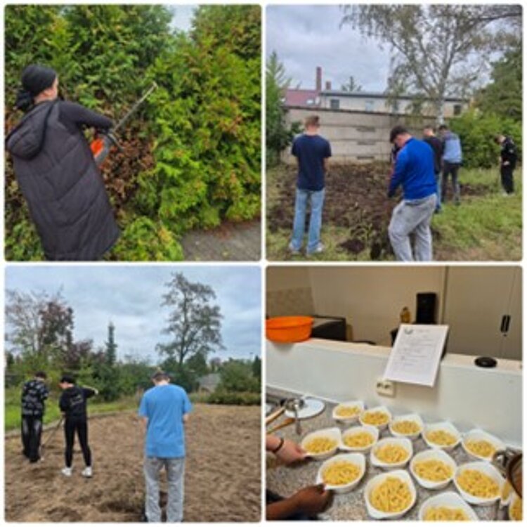 Collage aus vier kleinen Bildern, auf Teilnehmende im Garten Hecken schneiden, den Boden und umgraben. Außerdem stehen 13 Teller mit Nudeln zur Verpflegung bereit. 