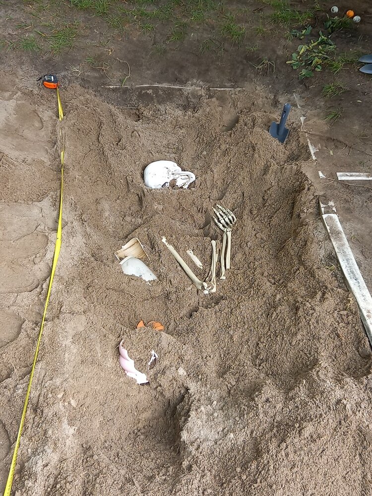 In einer Weitsprungsandkiste liegt das menschliche Skelett Schorsch, das von den Schülerinnen und Schülern der 8. Klasse der Oberschule am Adler im Rahmen des „Vertiefte Berufsorientierung – Praxisberater*innen“ ausgegraben wird.