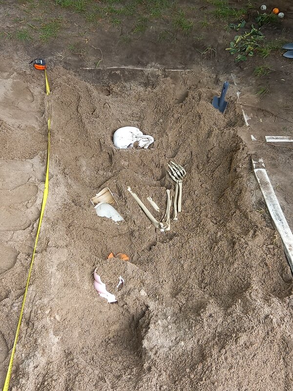 In einer Weitsprungsandkiste liegt das menschliche Skelett Schorsch, das von den Schülerinnen und Schülern der 8. Klasse der Oberschule am Adler im Rahmen des „Vertiefte Berufsorientierung – Praxisberater*innen“ ausgegraben wird.