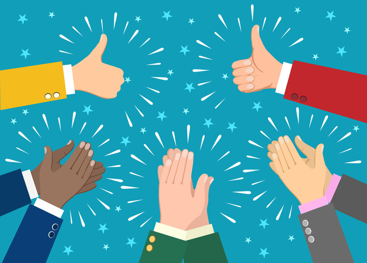 Die Grafik zeigt fünf Hände, von denen zwei die Daumen nach oben recken und die anderen drei Handpaare klatschen. Sie bejubeln den Erfolg der Ausbildungsabsolvent*innen.