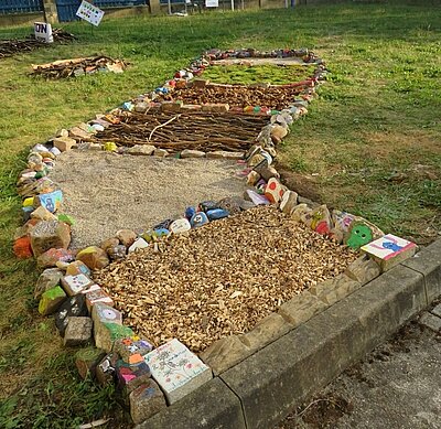 Der nächste Schritt unserer Klimaschule Sinnespfad mit seinen einzelnen Stationen wie Holzspähne, Sand, Stöcker, Steine, Moos zum Hindurchgehen