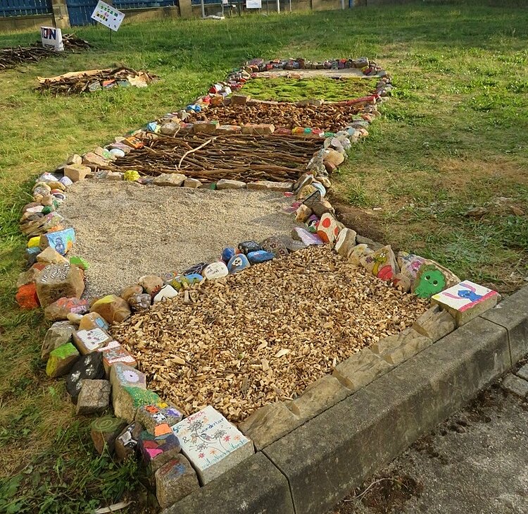 Der nächste Schritt unserer Klimaschule Sinnespfad mit seinen einzelnen Stationen wie Holzspähne, Sand, Stöcker, Steine, Moos zum Hindurchgehen