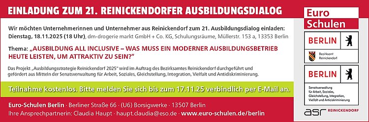 Einladung zum 21. Reinickendorfer Ausbildungsdialog mit Einladungstext und Logos der Euro-Schulen, des Bezirksamtes Reinickendorf, der Senatsverwaltung für Arbeit, Soziales, Gleichstellung, Integration, Vielfalt und Antidiskriminierung, Berlin und des asr Reinickendorf.