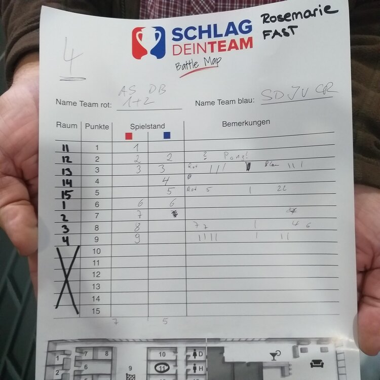 Auf einem Zettel sind die verschiedenen Stationen des Team-Events notiert.