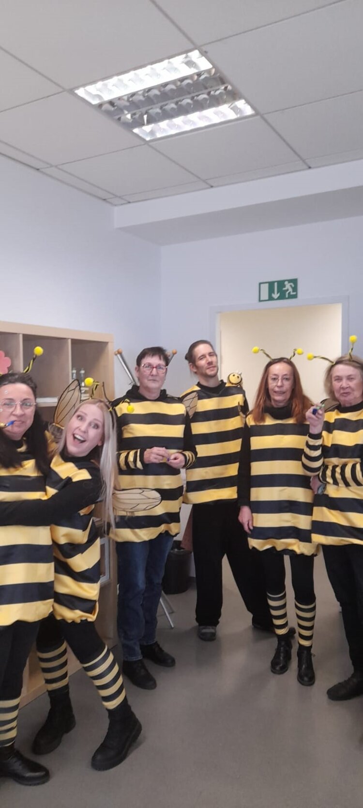 Eine Gruppe von Mitarbeitende in Bienenkostümen posiert fröhlich in einem Büro für ein Erinnerungsfoto. Alle sind zum Fasching in Bienenkostüme gekleidet. 