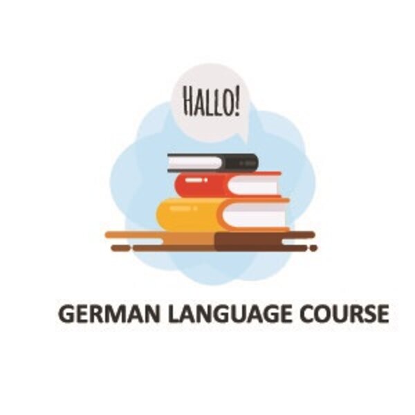 Illustration von übereinander gestapelten Büchern, darüber eine Sprechblase, in der Hallo! steht. Unten der Schriftzug German Language Course.