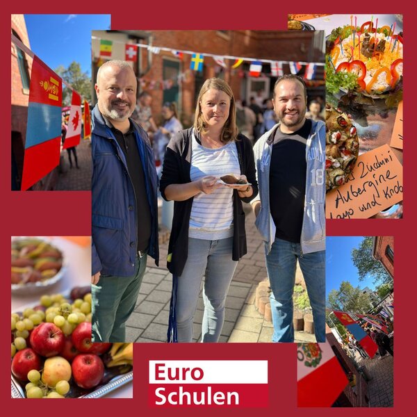 Collage vom Buffet: Personen, die mit Essen in der Hand in die Kamera blicken, Gemüse, Obst, Girlande mit internationalen Flaggen. Ganz unten das Logo der Euro-Schulen.