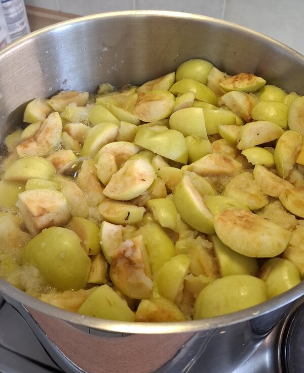 Geviertelte und entkernte Äpfel in großer Schale.