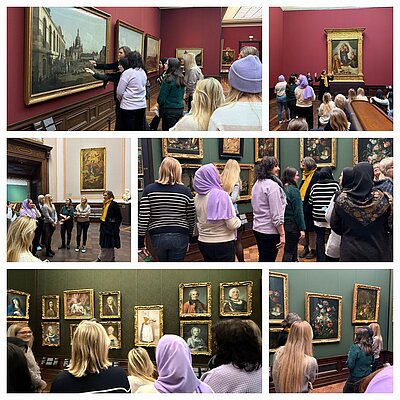 Kunst & Kultur im Frauenintegrationskurs Die Collage sechs verschiedener Fotos zeigt die Teilnehmenden des Frauenintegrationskurses in den Staatlichen Kunstsammlungen Dresden, wo diese verschiedene Kunstwerke betrachten. Eine Führerin des Museums gibt ihnen Erklärungen zu den Werken.