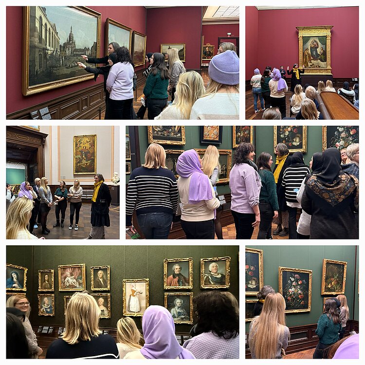 Kunst & Kultur im Frauenintegrationskurs Die Collage sechs verschiedener Fotos zeigt die Teilnehmenden des Frauenintegrationskurses in den Staatlichen Kunstsammlungen Dresden, wo diese verschiedene Kunstwerke betrachten. Eine Führerin des Museums gibt ihnen Erklärungen zu den Werken.