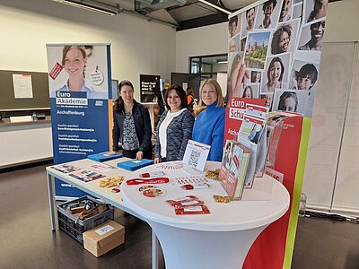 Auf der Weiterbildungsmesse Main.Fortschritt Frau Beller, Frau Crétien und Frau May strahlen am Messestand neben dem Roll-up der Euro-Schulen um die Wette in die Kamera. Auch einige Messegeschenke sind auf den Tischen zu sehen.