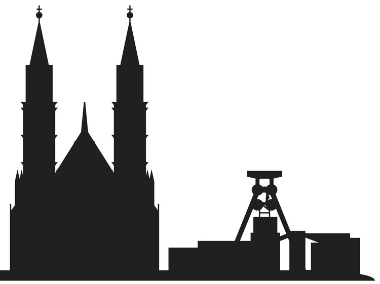 Illustration der Skyline der Stadt Essen mit dem Dom und der Zeche.
