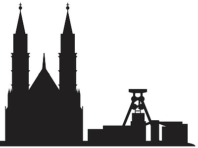 Illustration der Skyline der Stadt Essen mit dem Dom und der Zeche.