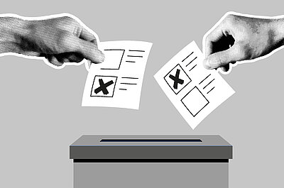 Deine Stimme zählt - Geh wählen am 1. September bei den Landtagswahlen in Sachsen und Thüringen! Auf der Grafik, die komplett in grau gehalten ist, ist eine Wahlurne gezeichnet. Zwei fotografierte Hände halten symbolisch Stimmzettel in der Hand, auf denen jeweils ein Kreuz in einem Kästchen ist. Die Hände bewegen die Zettel in Richtung der Öffnung der Wahlurne.