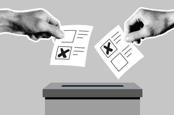  Auf der Grafik, die komplett in grau gehalten ist, ist eine Wahlurne gezeichnet. Zwei fotografierte Hände halten symbolisch Stimmzettel in der Hand, auf denen jeweils ein Kreuz in einem Kästchen ist. Die Hände bewegen die Zettel in Richtung der Öffnung der Wahlurne.