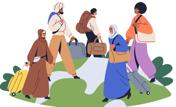 Illustration von sechs vielfältig gekleideten Menschen mit unterschiedlichem kulturellem Hintergrund, die Gepäck tragen oder ziehen. Die Personen befinden sich auf einem stilisierten Globus mit grünen und grauen Flächen. Das Bild symbolisiert Migration oder Zuwanderung.