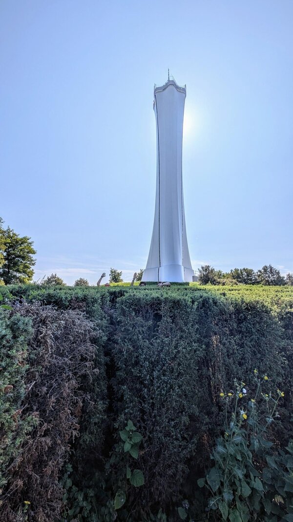 Ein hoher Aussichtsturm, er hinter sich die Sonne verdeckt. Im Vordergrund stehen Büsche.