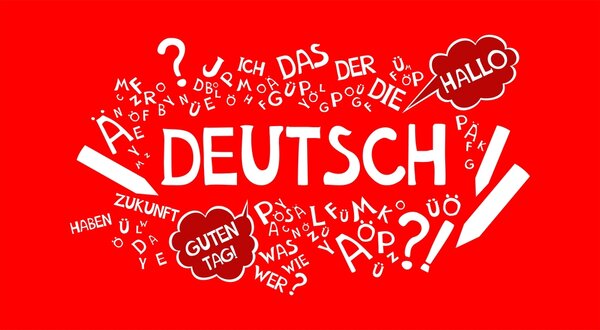 In der Mitte der Grafik steht auf rotem Grund das Wort DEUTSCH in weiß. Außenherum sind verschiedene deutsche Begriffe angeordnet, zum Beispiel: das, der, die, Hallo, Guten Tag, Zukunft, haben, Zukunft.