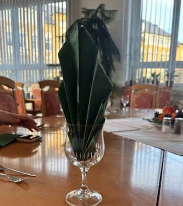Festlich gefaltete dunkelgrüne Stoffserviette in einem hohen Glas auf einem gedeckten Tisch.