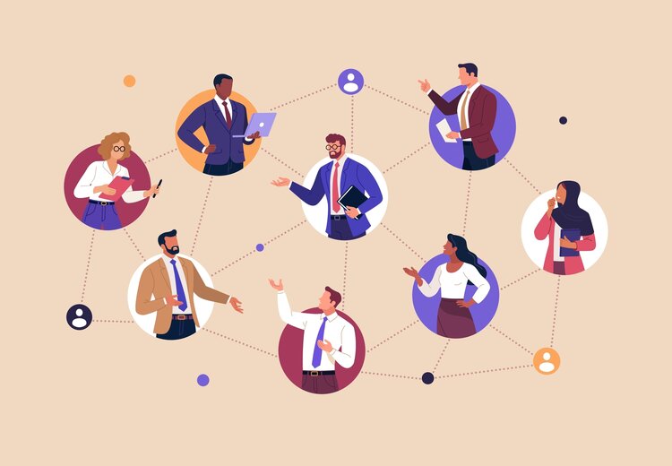 Eine Grafik auf beigem Grund mit mehreren Menschen in bunten Blasen, die durch Striche vernetzt sind.