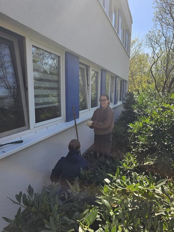 Zwei Personen arbeiten im Garten dicht an einer Hauswand: Eine Person steht und hält Werkzeug, während eine andere Person in die Hocke geht, um Pflanzen oder Unkraut zu bearbeiten. Im Hintergrund sind Büsche und ein Haus mit blauen Fensterläden sichtbar.