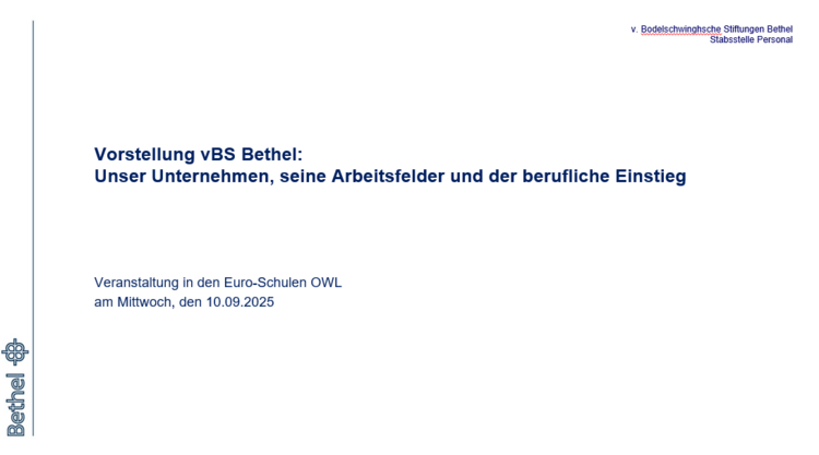 Gemeinsam gegen den Fachkräftemangel Die Seite einer PowerPoint-Präsentation, auf der sich vBS Bethel vorstellt.