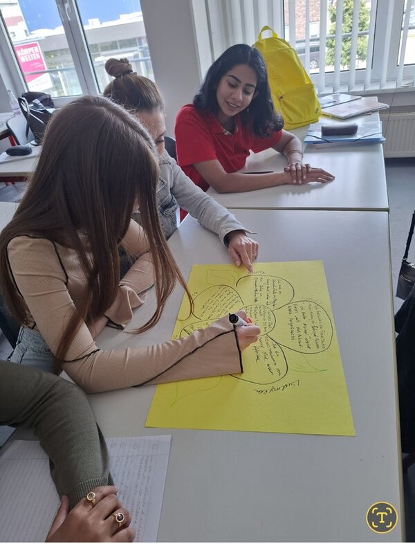 Teilnehmerinnen sitzen gemeinsam am Tisch vor einem großen gelben Blatt Papier und arbeiten konzentriert an ihren Präsentationen.