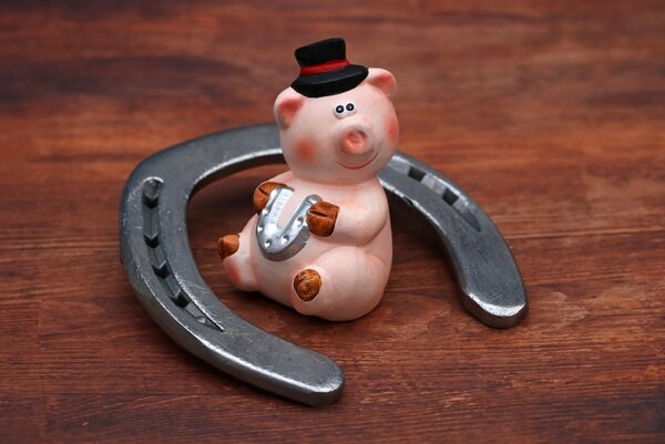 Foto von der Figur eines Glückschweines mit Hut, das ein kleines Hufeisen hält und in einem größeren Hufeisen sitzt