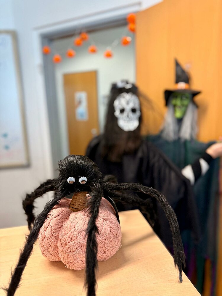 Im Vordergrund sitzt die gleiche schwarze Spinne auf dem rosafarbenen Kürbis, im Hintergrund sind eine Person mit Totenkopfmaske und eine Hexendekoration an der Tür zu sehen.