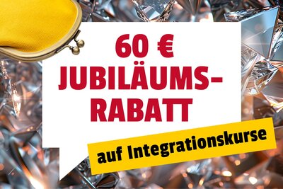 Auf einem diamantenen Hintergrund ist eine weiße Sprechblase mit der roten Aufschrift "60€ Jubiläumsrabatt"; in der oberen linken Ecke ist ein goldener Geldbeutel zu sehen.
