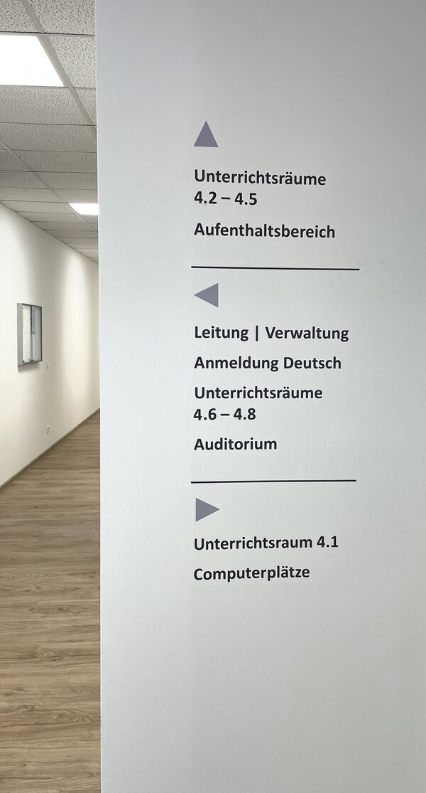 Heller Flur mit weißer Wandbeschilderung, auf der Pfeile zu Unterrichtsräumen, Aufenthaltsbereich, Verwaltung, Auditorium und Computerplätzen weisen.