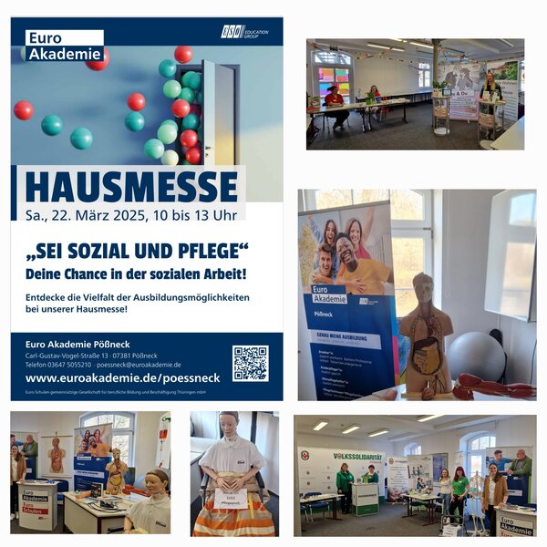 Eine Collage mit verschiedenen Eindrücken der Hausmesse: das Veranstaltungsplakat, Infostände, Roll-ups, ein medizinisches Trainingsmodell und Ausstellerinnen in Aktion.