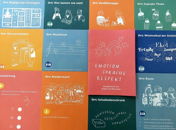 Collage mit bunten Karten zum Thema Arbeitswelt, auf denen verschiedene Grafiken zu unterschiedlichen Schlagworten, wie beispielsweise "Konflikttreppe", "Begegnungsstrategien", "Missverständnis", "Emotion, Sprache, Respekt".