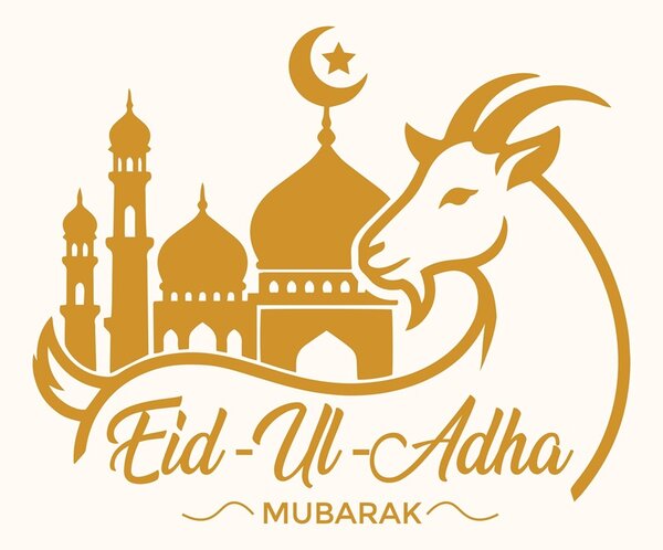 Goldfarbene Grafik mit einer stilisierten Moschee, mehreren Kuppeln, einem Minarett, einem Halbmond mit Stern sowie dem Kopf einer Ziege im Profil. Im unteren Bereich steht in geschwungener Schrift der Schriftzug 'Eid-Ul-Adha', darunter in Großbuchstaben 'MUBARAK'.