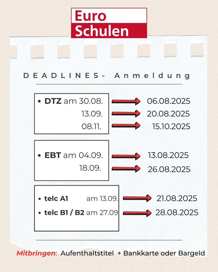 Auf einem hellgrauen Hintergrund stehen Termine für Kursstarts und deren Anmeldefristen