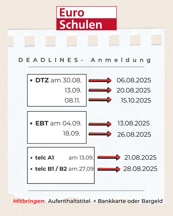 Auf einem hellgrauen Hintergrund stehen Termine für Kursstarts und deren Anmeldefristen