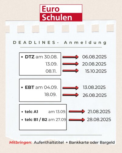 Auf einem hellgrauen Hintergrund stehen Termine für Kursstarts und deren Anmeldefristen