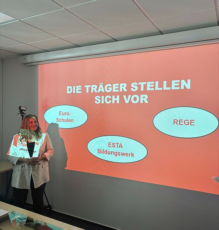 Eine Frau steht in einem Seminarraum vor einer Leinwand, auf der eine Präsentationsfolie projiziert wird. Der Titel lautet „DIE TRÄGER STELLEN SICH VOR“. Darunter sind drei ovale Felder mit den Namen „Euro-Schulen“, „ESTA Bildungswerk“ und „REGE“ zu sehen.