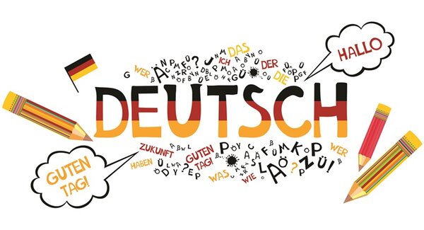 Grafik auf der das Wort Deutsch in Großbuchstaben in den Faben Schwarz, Rot, Gold, das Wort Hallo und guten Tag in zwei Sprechblasen steht.