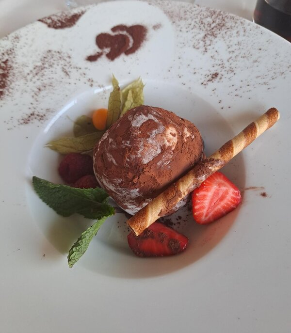 Ein Dessertteller mit einer Portion Schokoladeneis, garniert mit frischen Erdbeeren, Minzblättern, einer Physalis und einem gebackenen Röllchen. Der Teller ist mit Kakaopulver verziert.
