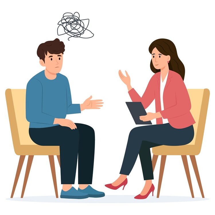 Illustration einer Beratungssituation. Ein Mann sitzt sorgenvoll vor einer Frau, die ihn sozialpädagogisch berät und unterstützt, um ihm bei der Problembewältigung zu helfen. 