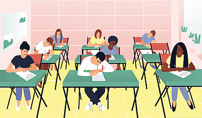 Zu sehen ist ein Klassenraum mit mehreren in Reihen aufgestellten grünen Tischen, an denen Schülerinnen und Schüler mit unterschiedlichen Aussehen und Hautfarbe sitzen und eine Prüfung schreiben.